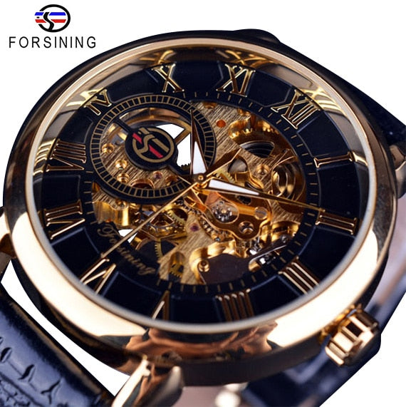 Leather Skeleton Mechanical Men Watches