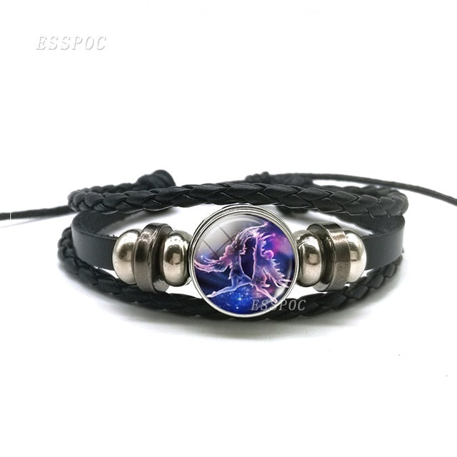 Zodiac Signs Constellations Black Button Woven Leather Bracelet