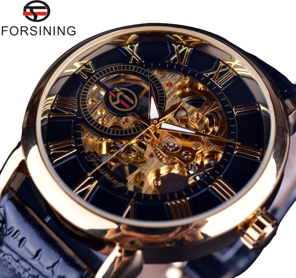 Leather Skeleton Mechanical Men Watches